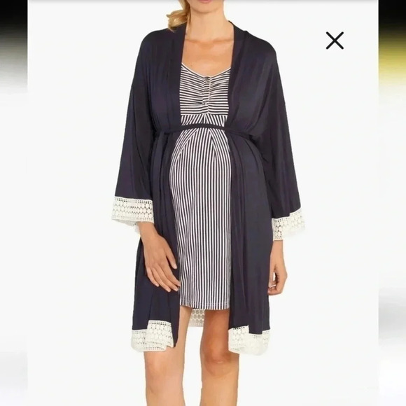 Angel Maternity Robe Size Small Navy Blue/White Crochet Detail Removable Belt - Picture 1 of 12